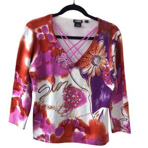 Cabo Top Women’s L Large Colorful Floral V-Neck Knit Shirt Sweater Abstract
